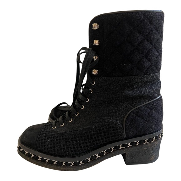 Chanel black wool tweed combat boots chain detail with certificate of authentic - Picture 1 of 16